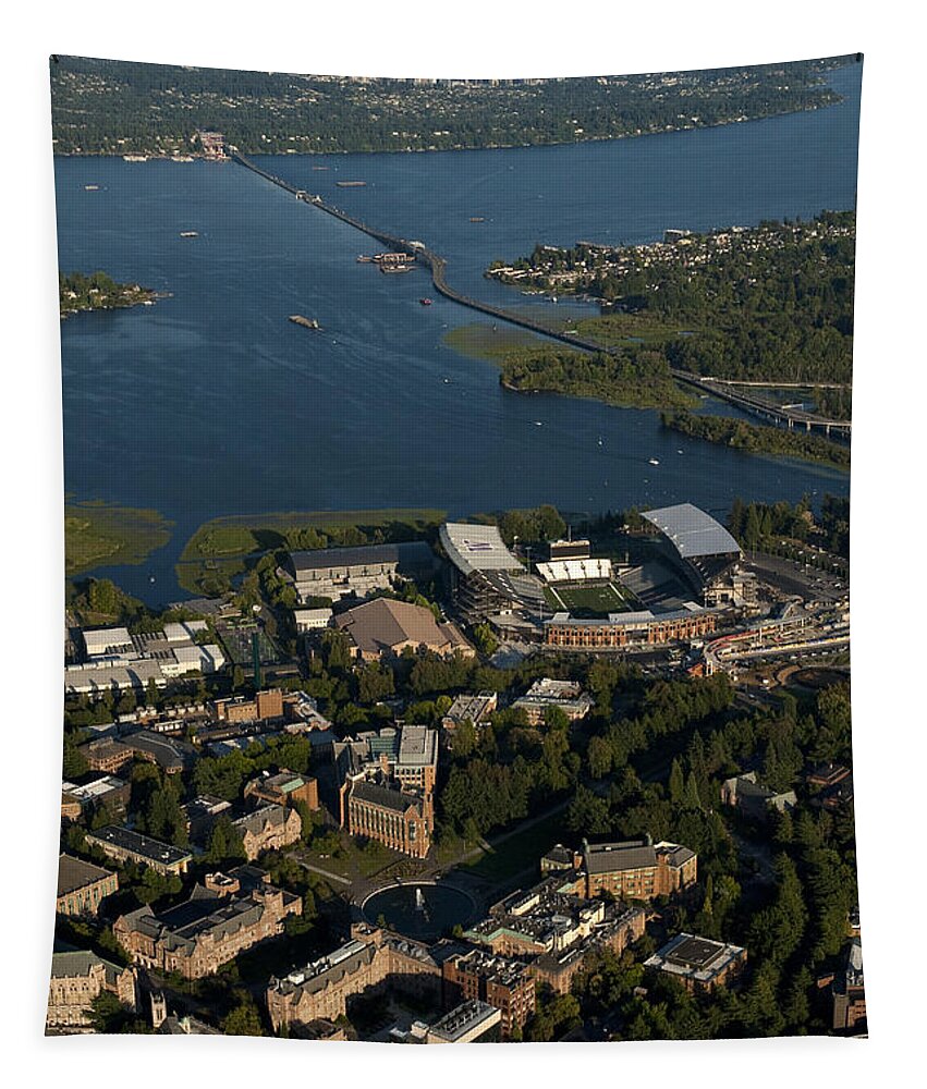Bellevue Skyline Tapestry featuring the photograph Aerial view of the new Husky stadium by Jim Corwin