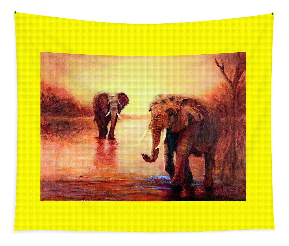 African Elephants Tapestry featuring the painting African Elephants at Sunset in the Serengeti by Sher Nasser
