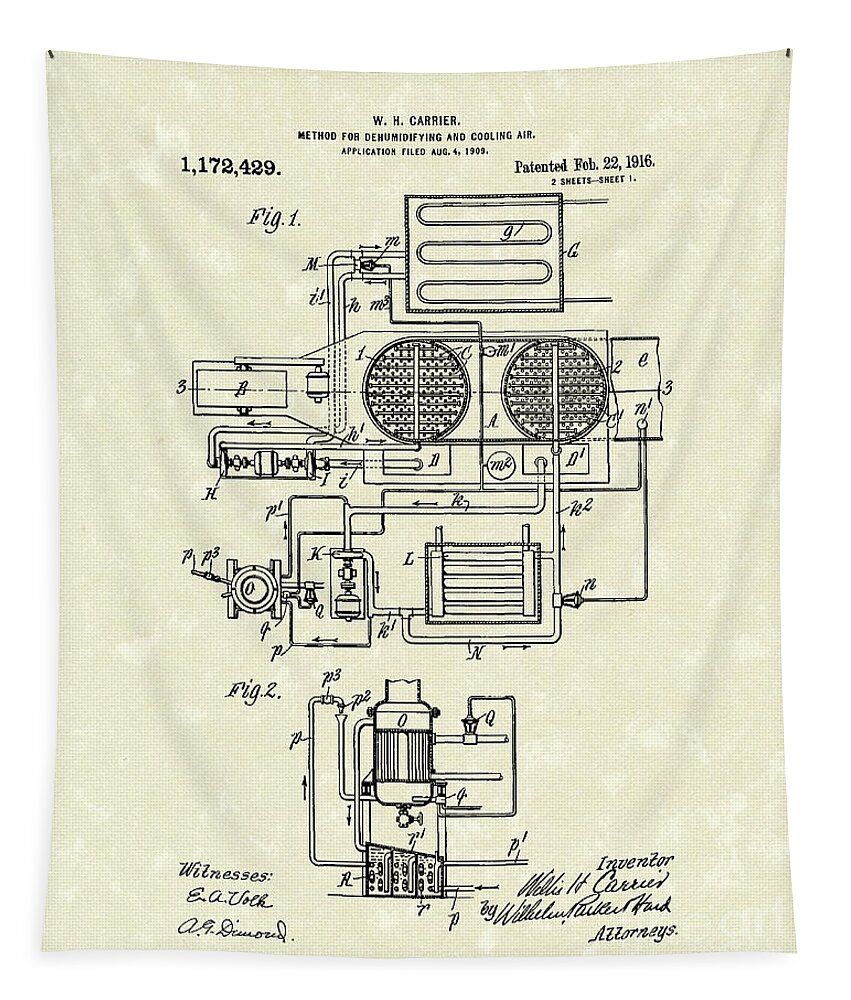 Carrier Tapestry featuring the drawing Air Conditioner 1916 Patent Art by Prior Art Design