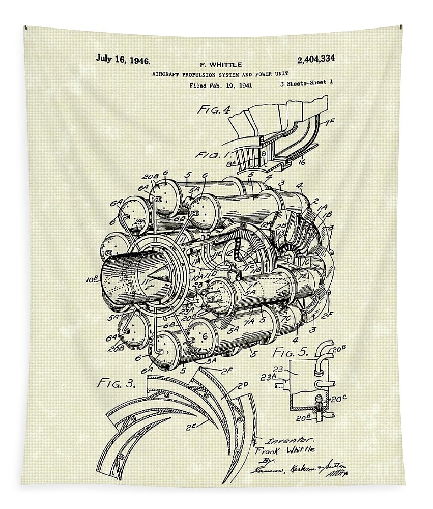 Whittle Tapestry featuring the drawing Aircraft Propulsion 1946 Patent Art by Prior Art Design