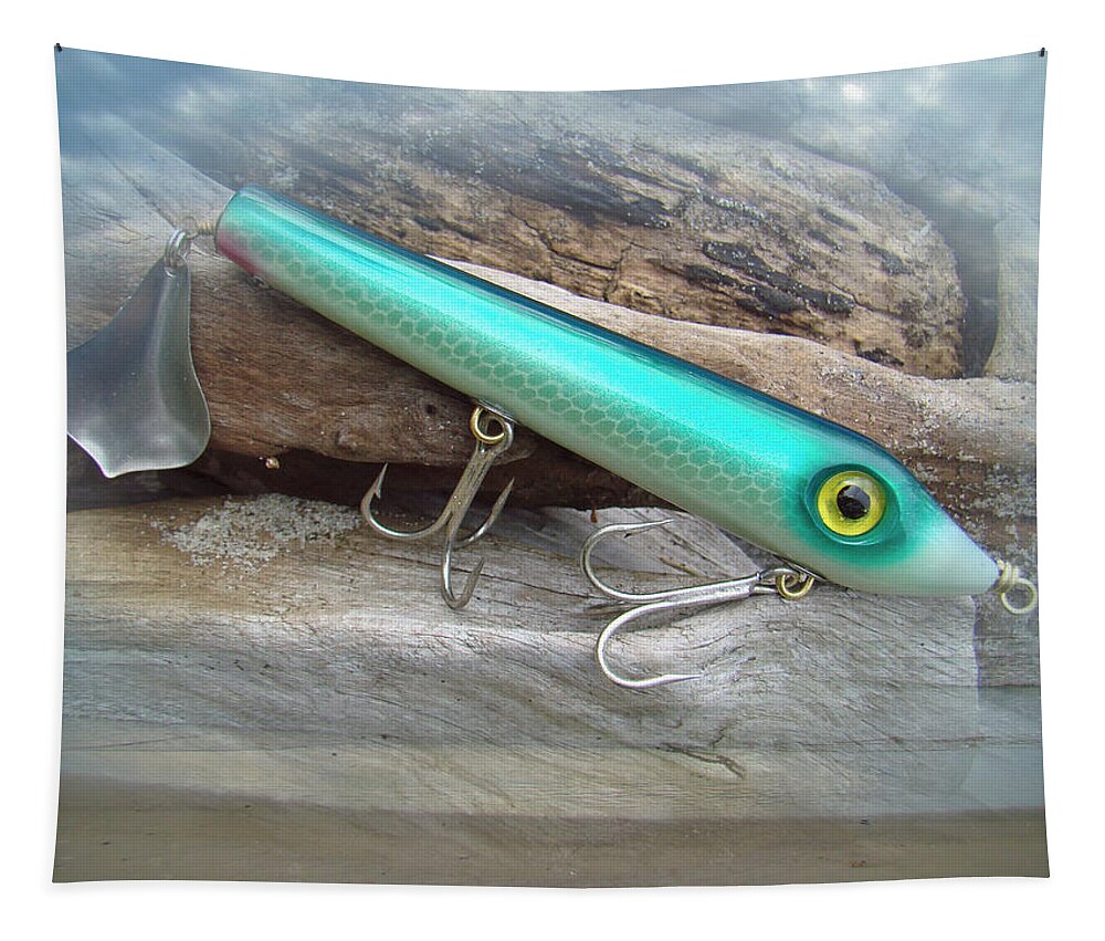 Fishing Tapestry featuring the photograph AJS Green Serpent Flaptail Saltwater Lure by Carol Senske
