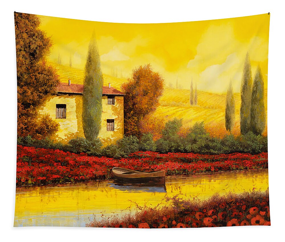 Guido Tapestry featuring the painting Il Fiume Giallo Al Tramonto by Guido Borelli