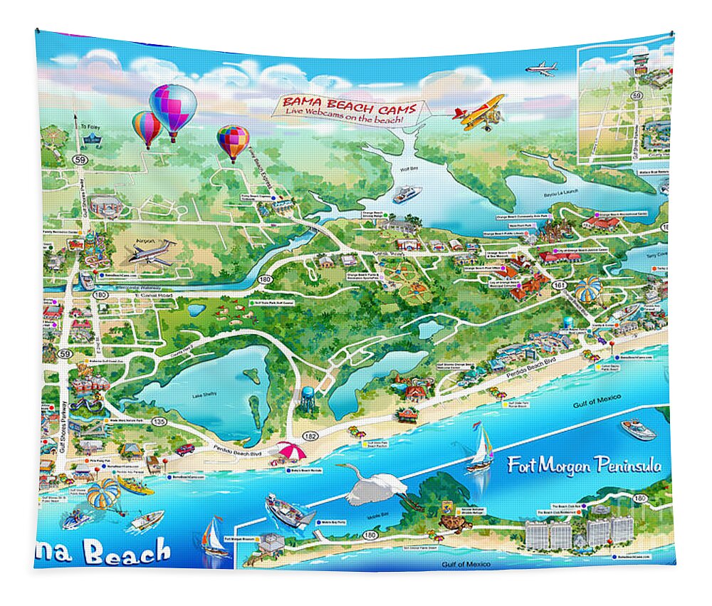 Alabama Beach Illustrated Map Tapestry featuring the painting Alabama Beach Illustrated Map by Maria Rabinky