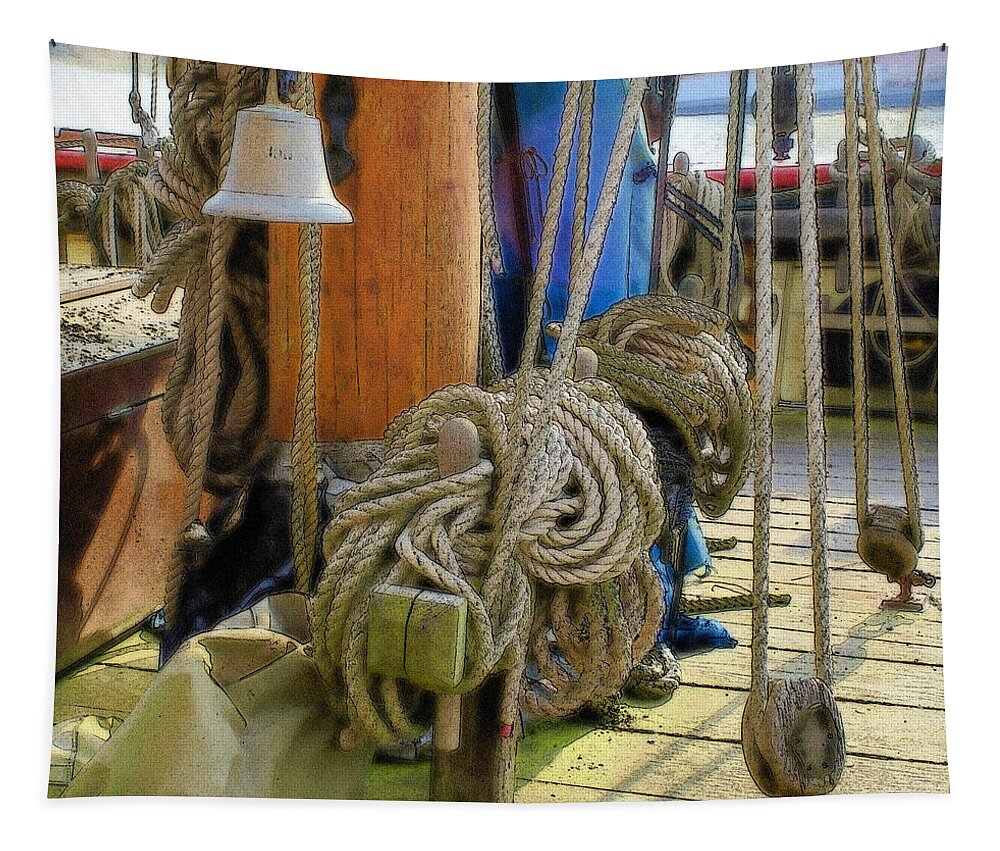Boat Tapestry featuring the digital art All tied up by Ron Harpham