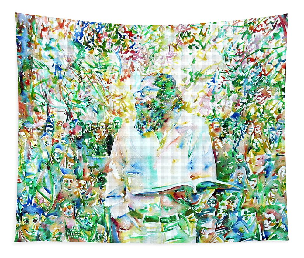 Allen Tapestry featuring the painting ALLEN GINSBERG reading at the park by Fabrizio Cassetta