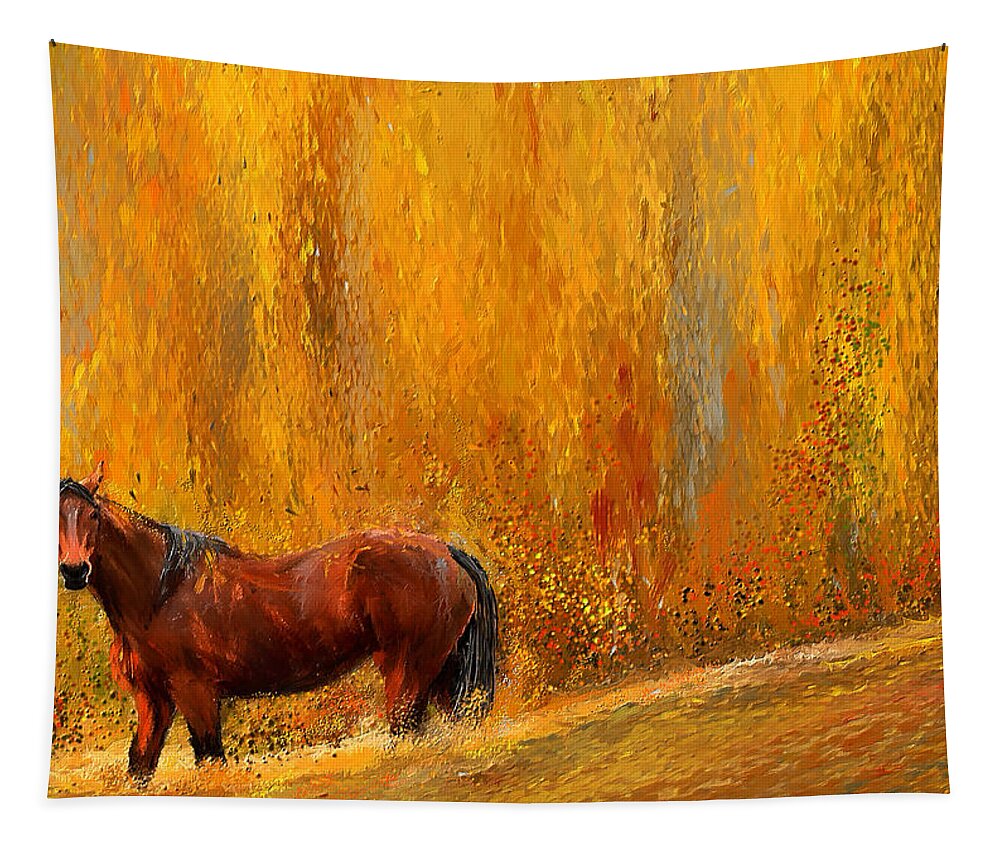 Bay Horse Paintings Tapestry featuring the painting Alone In Grandeur- Bay Horse Paintings by Lourry Legarde