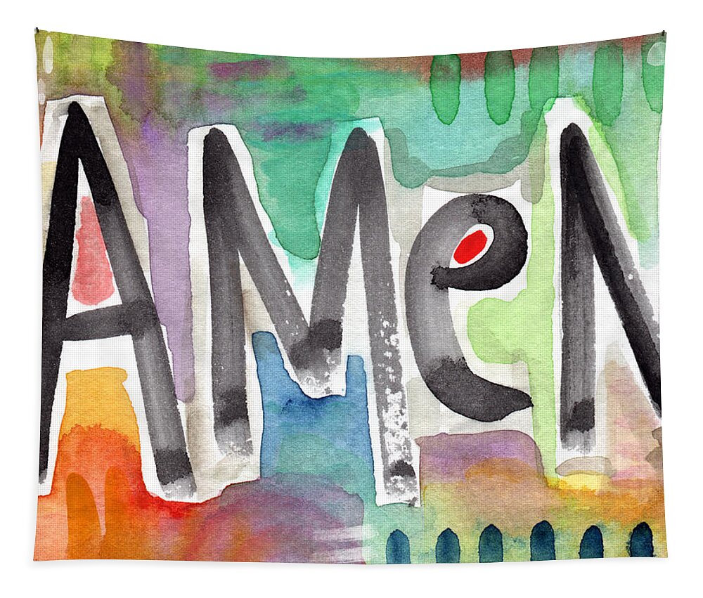 Amen Greeting Card Tapestry featuring the mixed media AMEN Greeting Card by Linda Woods