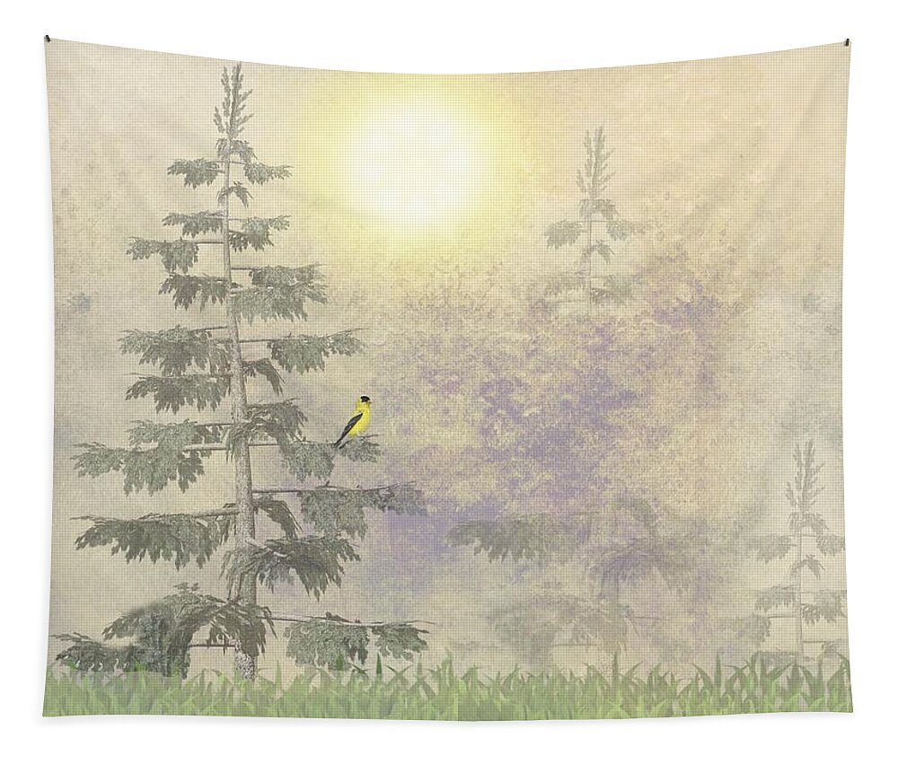 Goldfinch Tapestry featuring the digital art American Goldfinch Morning Mist by David Dehner
