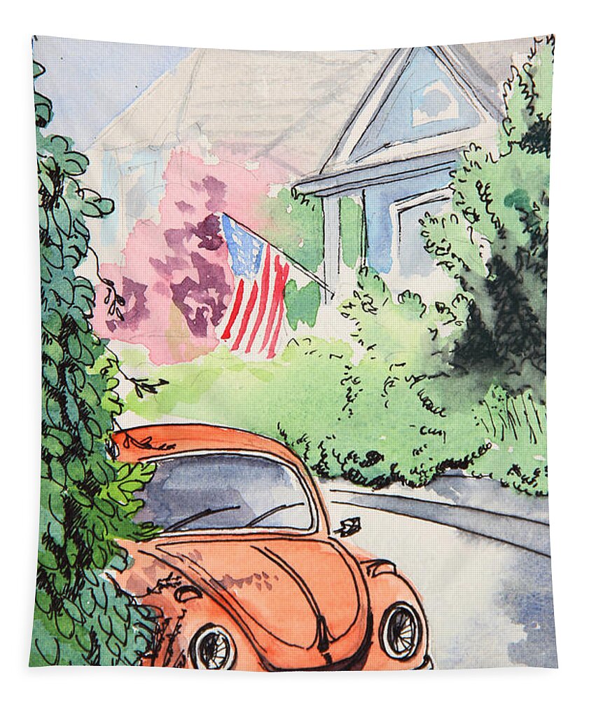 Volkswagen Beetle Tapestry featuring the painting American Town by Masha Batkova