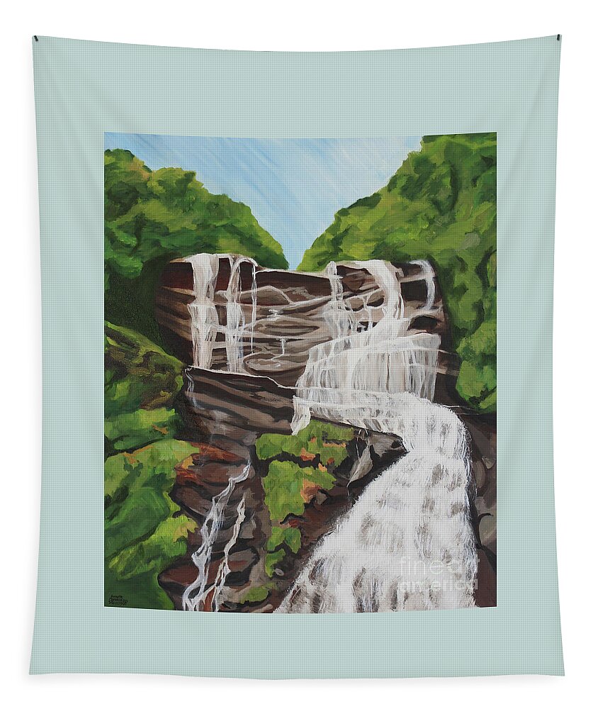 Amicalola Falls Tapestry featuring the painting Amicalola Falls by Annette M Stevenson