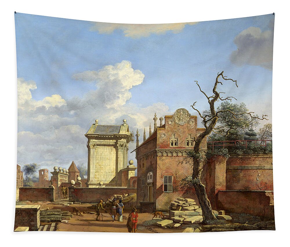 Jan Van Der Heyden Tapestry featuring the painting An Architectural Fantasy by Jan van der Heyden