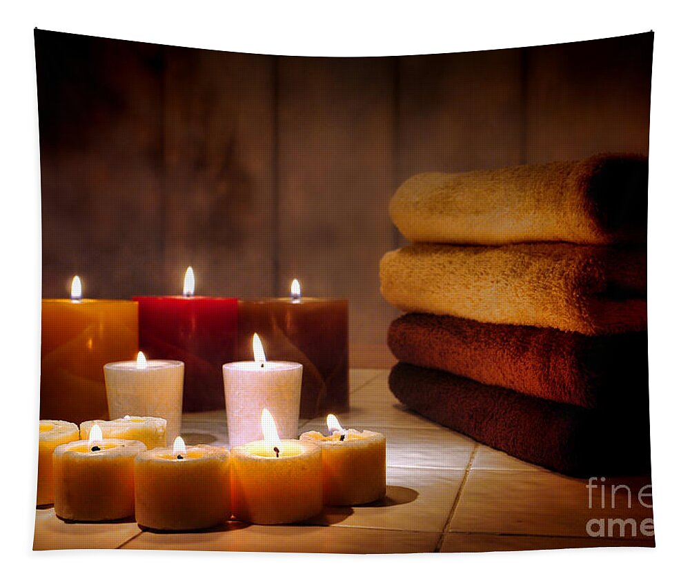 Candles and Towels in a Spa by Olivier Le Queinec