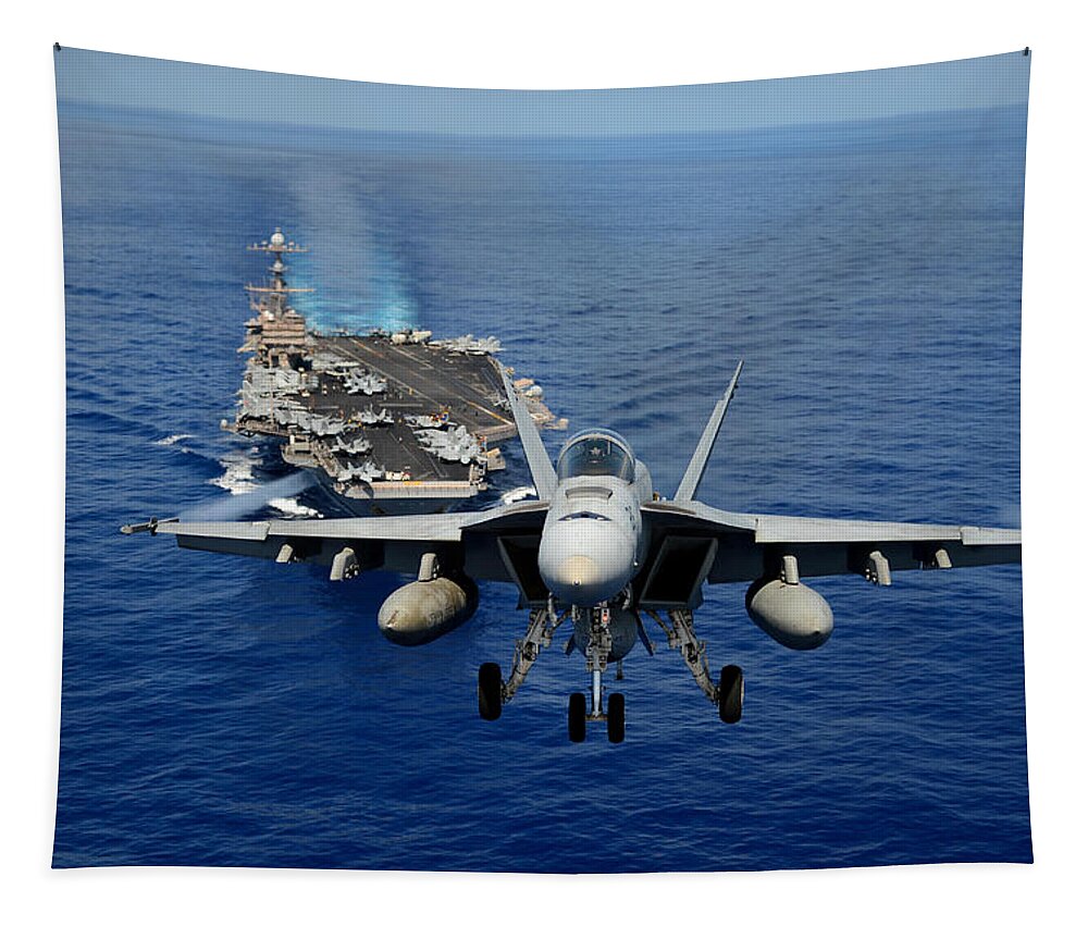 Chinfo Tapestry featuring the photograph An F/A-18 Hornet demonstrates air power. by Sebastian Musial