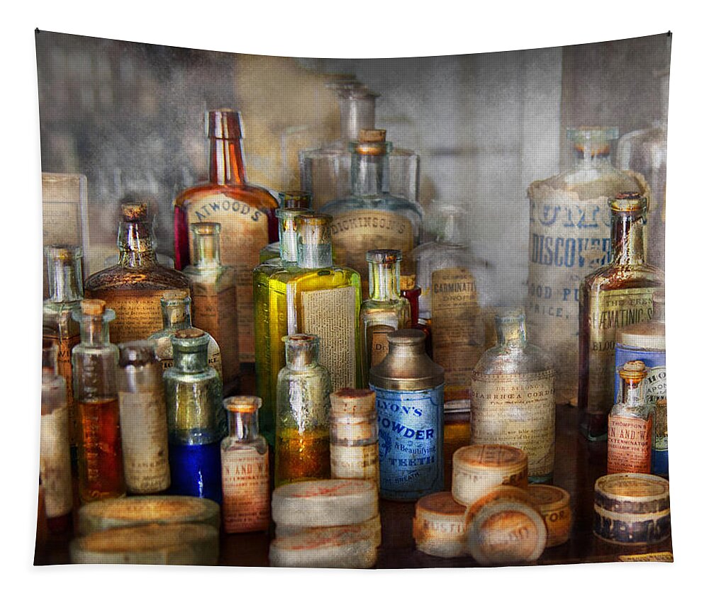 Pharmacy Tapestry featuring the photograph Apothecary - For all your Aches and Pains by Mike Savad