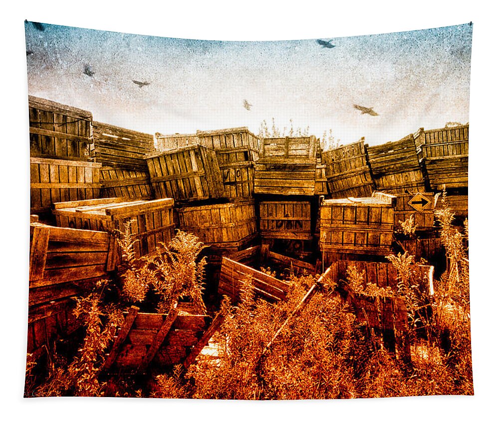 Apple Tapestry featuring the photograph Apple Crates and Crows by Bob Orsillo