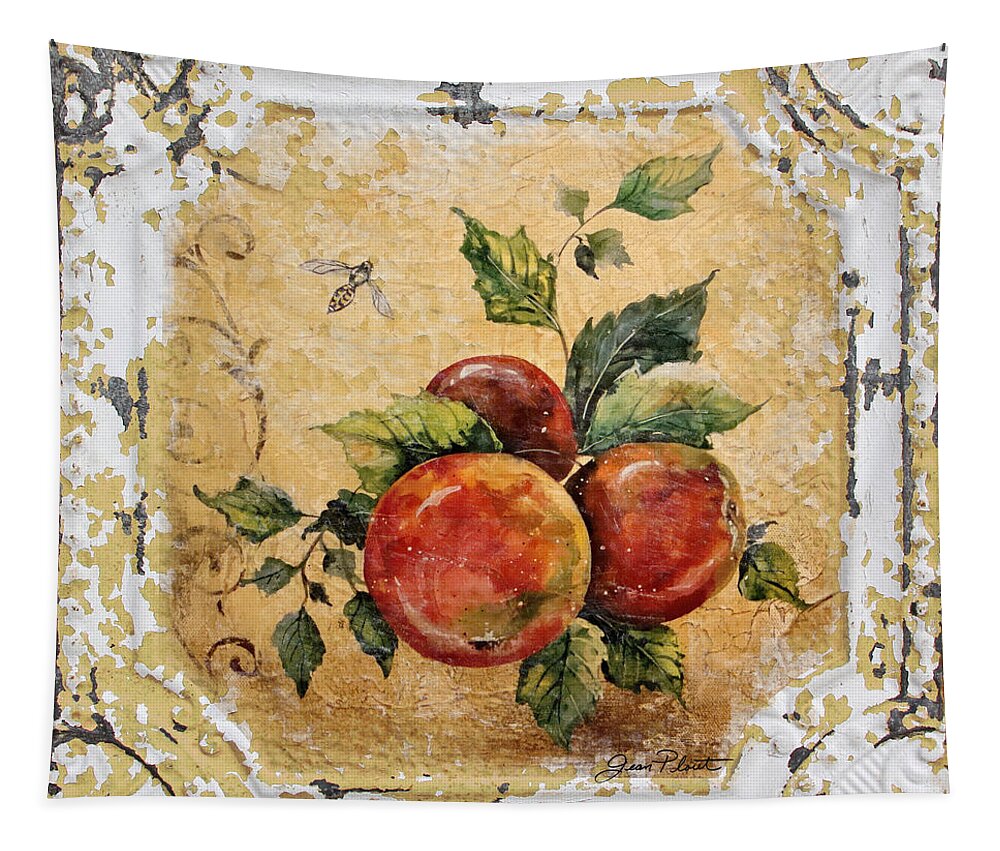 Acrylic Painting Tapestry featuring the painting Apples and Bee on Vintage Tin by Jean Plout