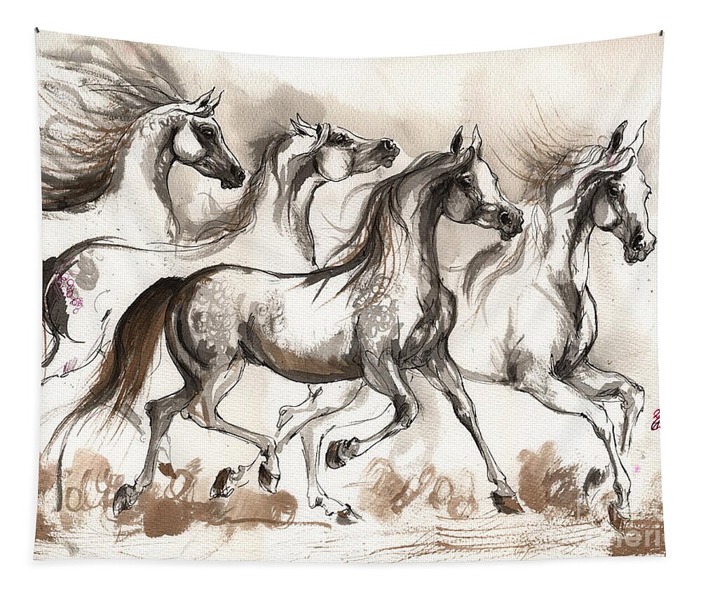 Horse Tapestry featuring the painting Arabian horses ink painting 2014 04 16 by Ang El