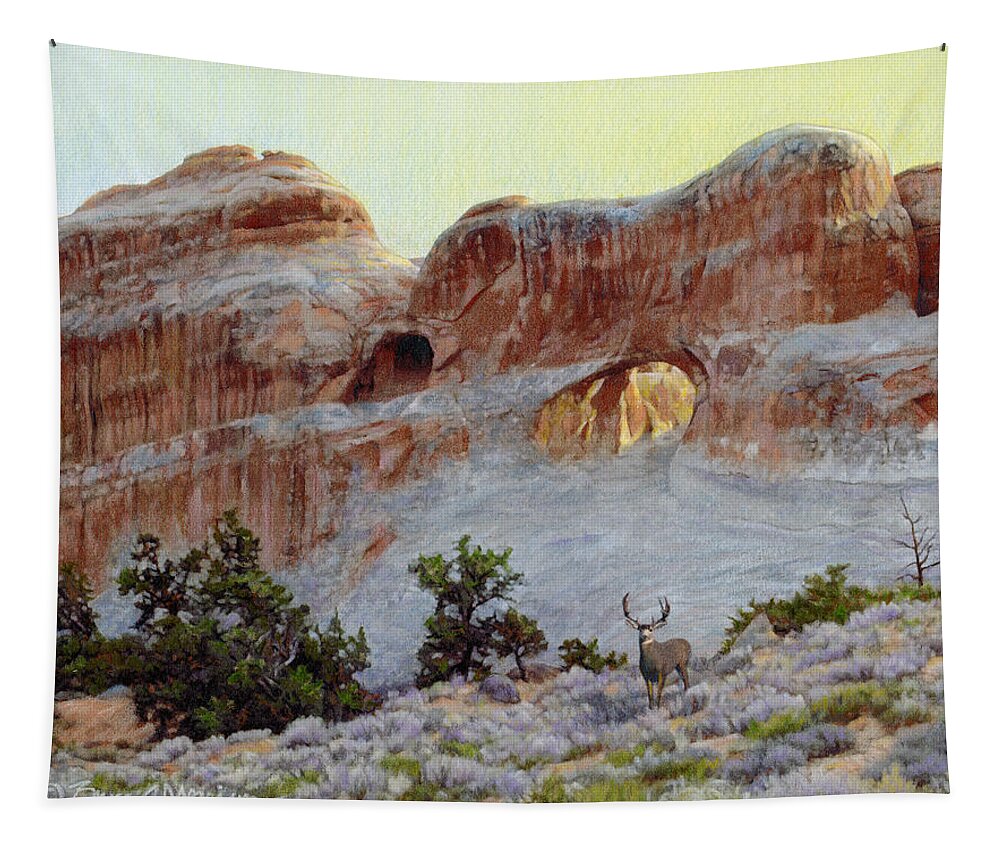 Arches National Park Tapestry featuring the drawing Arches Mulie by Bruce Morrison