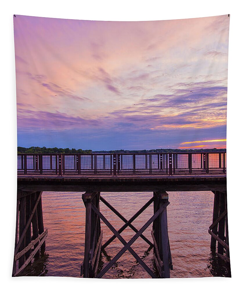 Sunset Tapestry featuring the photograph Arcola Bridge - Purple Sunset by Bill and Linda Tiepelman