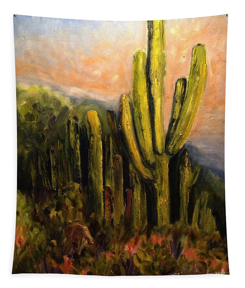 Landscape Tapestry featuring the painting Arizona Desert Blooms by Sherry Harradence