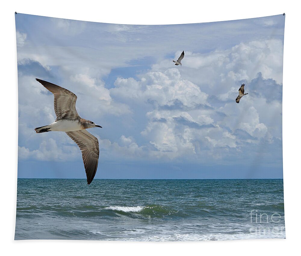 Beach Tapestry featuring the photograph As Birds Fly by Kathy Baccari