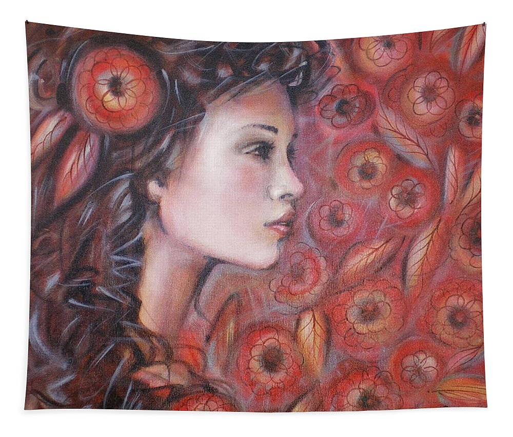 Woman Tapestry featuring the painting Asian Dream In Red Flowers 010809 by Selena Boron