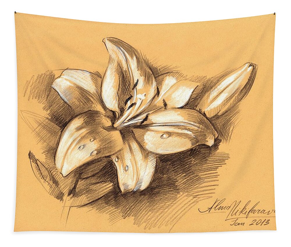 Sketch Tapestry featuring the drawing Asiatic Lily Flower with Bud Sketch by Alena Nikifarava