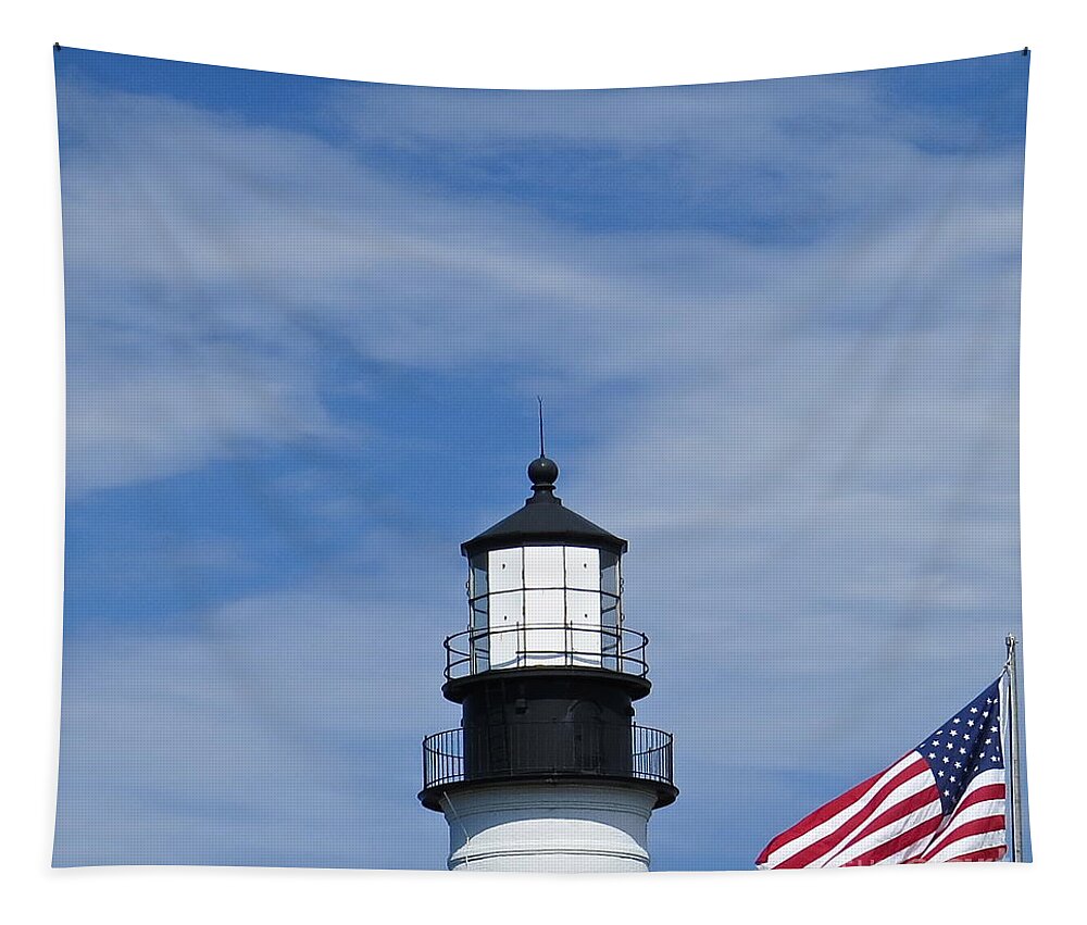 Portland Head Lighthouse Tapestry featuring the photograph At The Top by Nancy Patterson