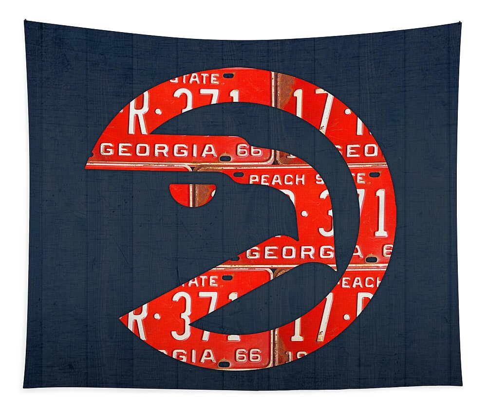 Atlanta Tapestry featuring the mixed media Atlanta Hawks Basketball Team Retro Logo Vintage Recycled Georgia License Plate Art by Design Turnpike