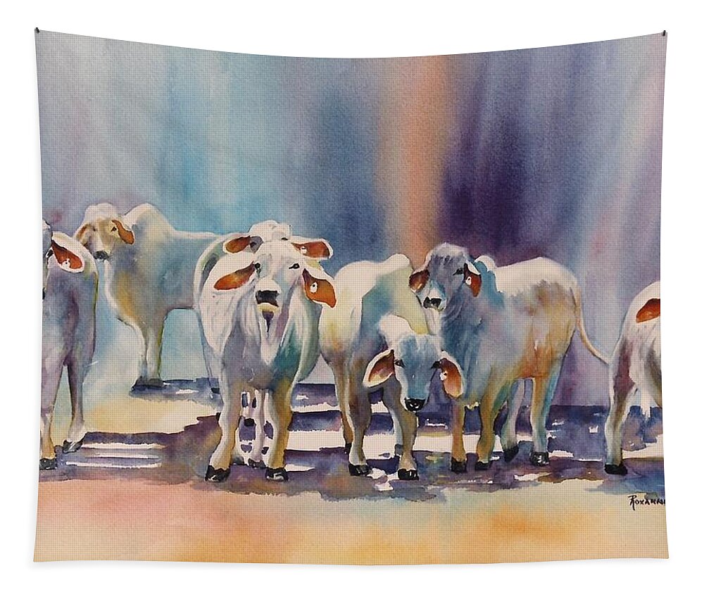 Brahman Bulls Tapestry featuring the painting Attention all Ears. Brahman Bulls by Roxanne Tobaison