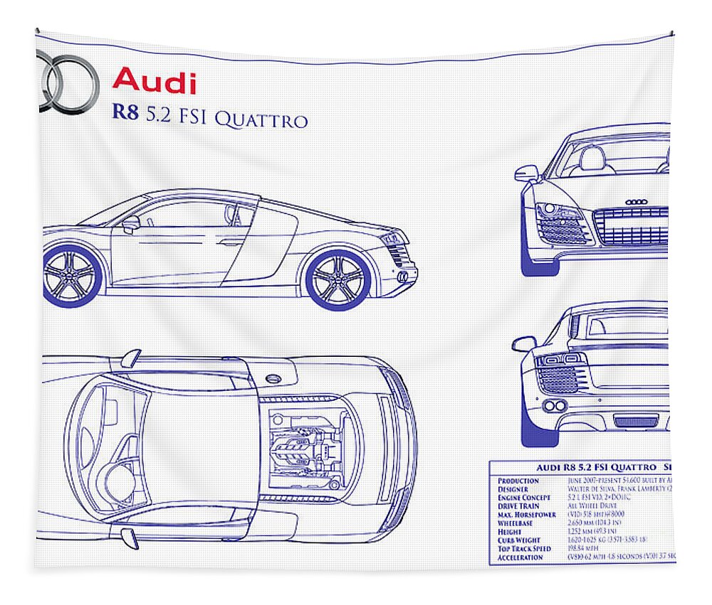 Audi R8 Blueprint Tapestry featuring the photograph Audi R8 Blueprint by Jon Neidert