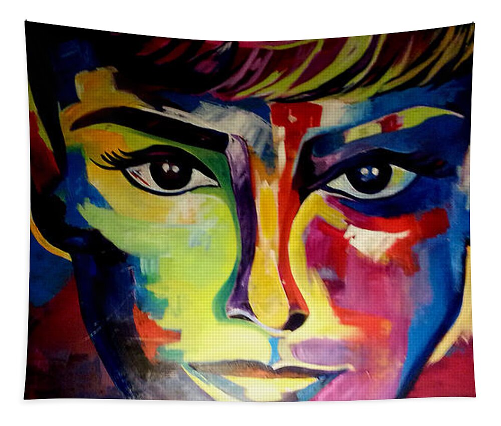 Audrrey Hepburn In Colorful Abstract Artistic Realism Tapestry featuring the painting Audrey by Femme Blaicasso