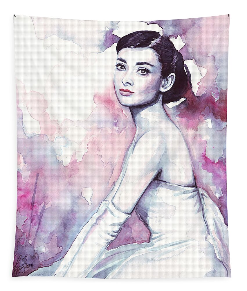 Fashion Watercolor Tapestry featuring the painting Audrey Hepburn Portrait by Olga Shvartsur