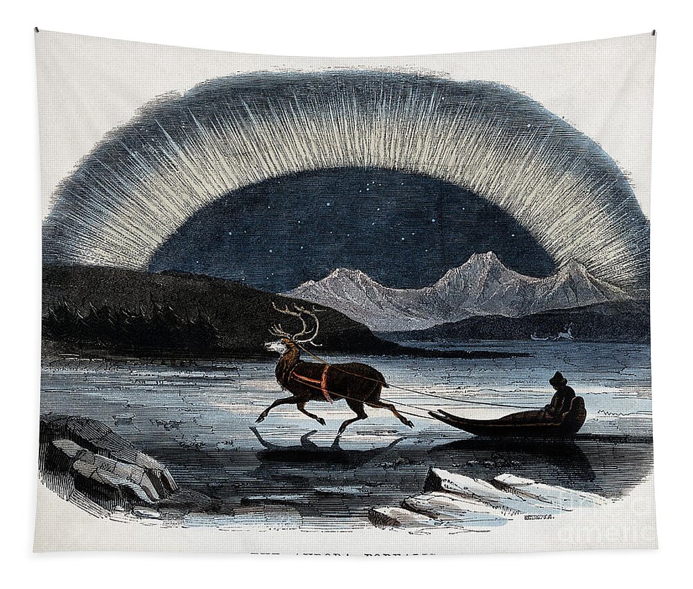 Historic Tapestry featuring the photograph Aurora Borealis And Reindeer-Drawn Sled by Wellcome Images