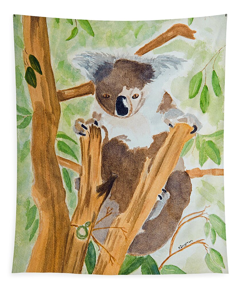 Animal Tapestry featuring the painting Koala in a gum tree by Elvira Ingram