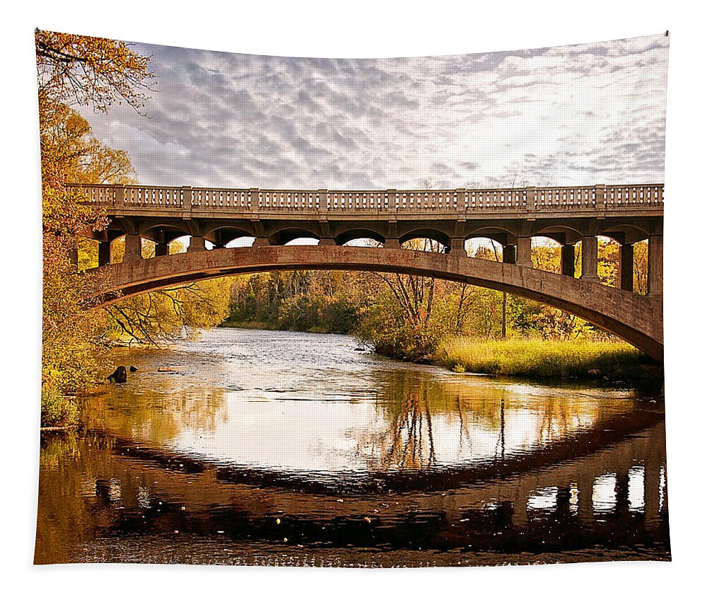Autumn Bridge Tapestry featuring the photograph Autumn Bridge Landscape by Gwen Gibson