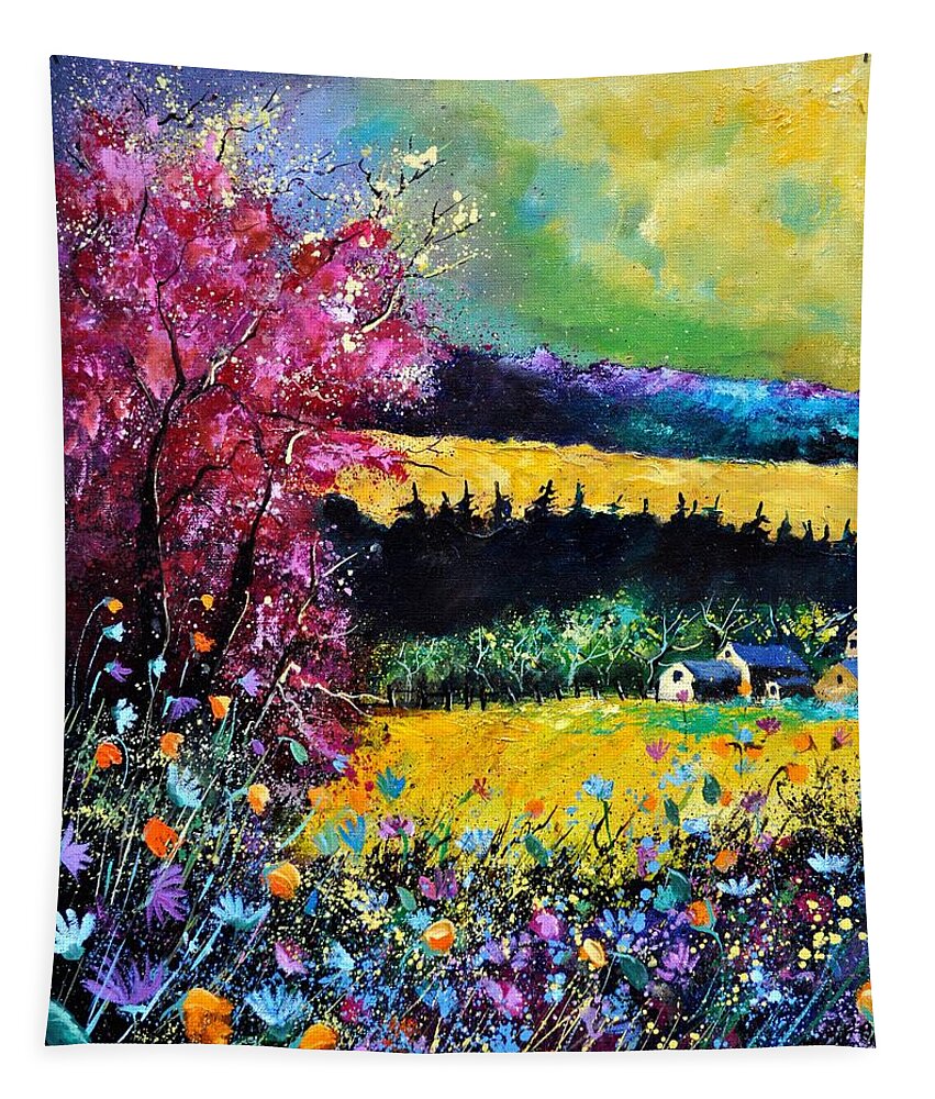 Landscape Tapestry featuring the painting Autumn flowers by Pol Ledent