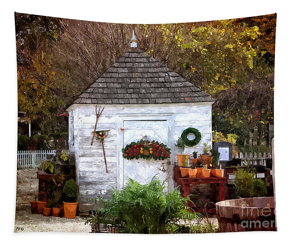 Garden Shed Tapestry featuring the painting Autumn Shed by Shari Nees