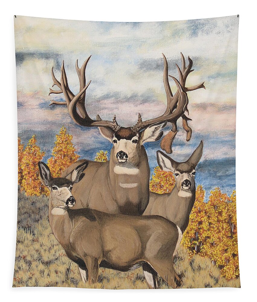 Mule Deer Tapestry featuring the painting Avery Buck by Darcy Tate