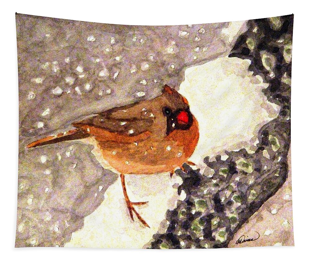 Cardinal Tapestry featuring the painting Baby Its Cold Outside by Angela Davies