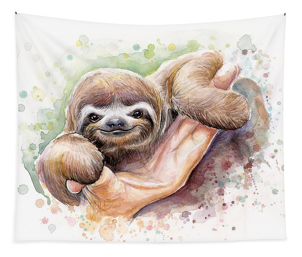 Sloth Tapestry featuring the painting Baby Sloth Watercolor by Olga Shvartsur