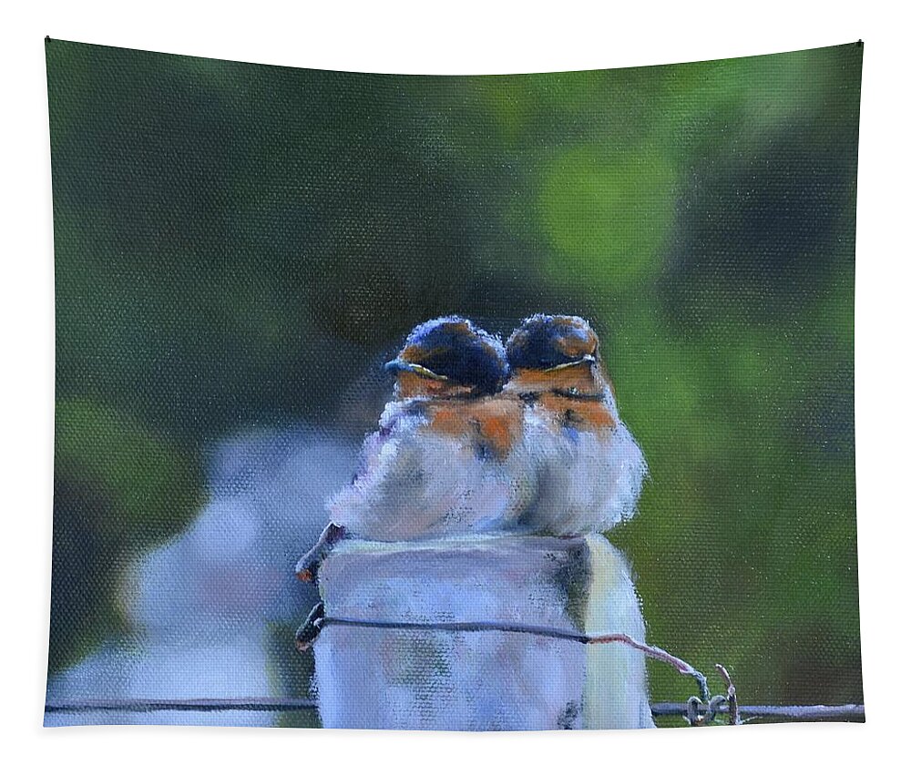 Swallow Tapestry featuring the painting Baby Swallows on Post by Donna Tuten