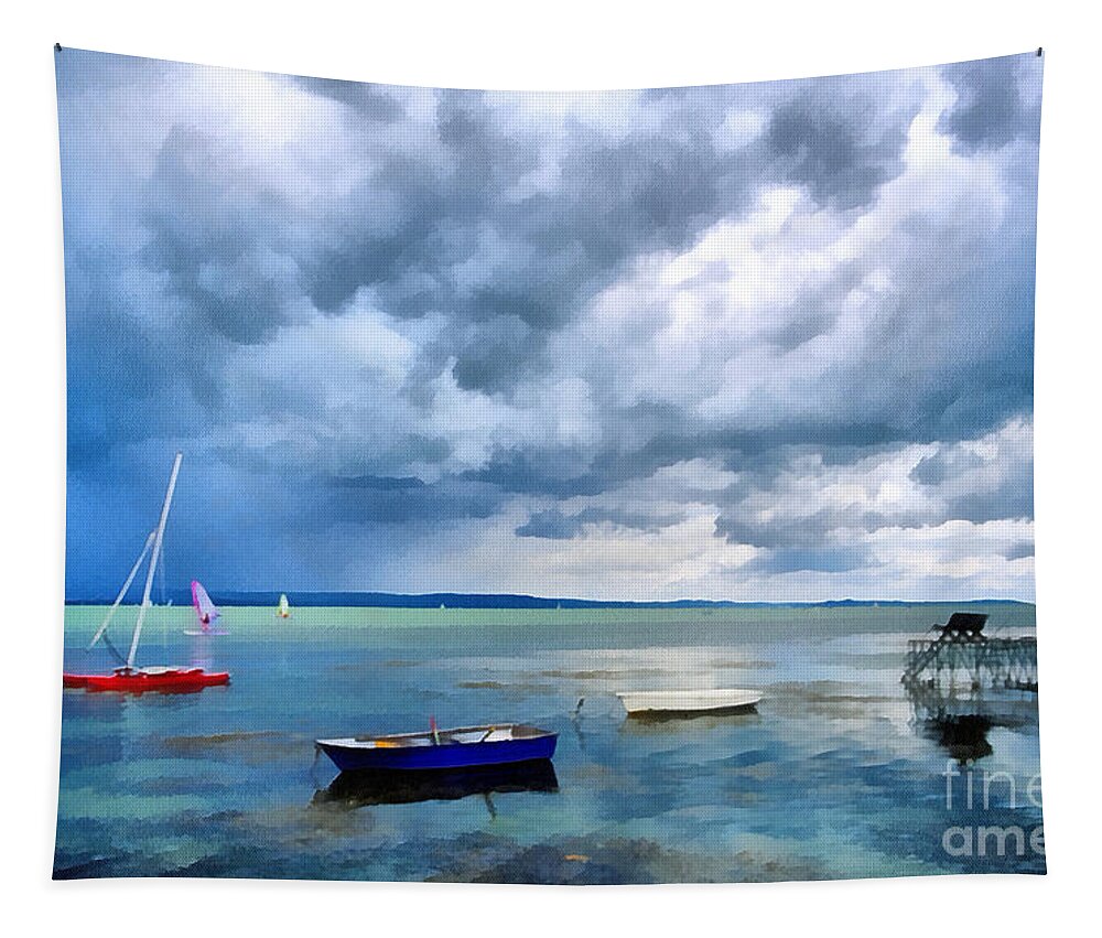 Odon Tapestry featuring the painting Balaton lake by Odon Czintos