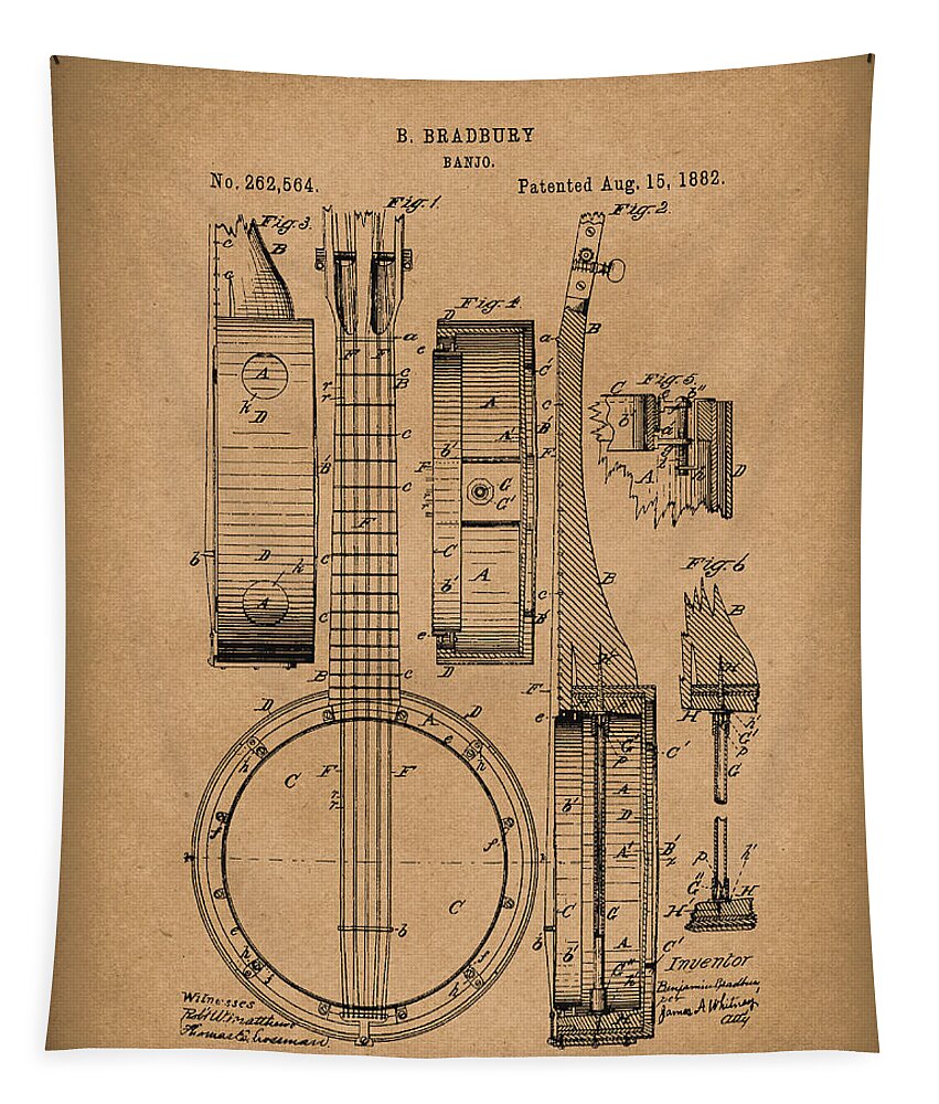 Bradbury Tapestry featuring the drawing Banjo 1882 Patent Art Brown by Prior Art Design