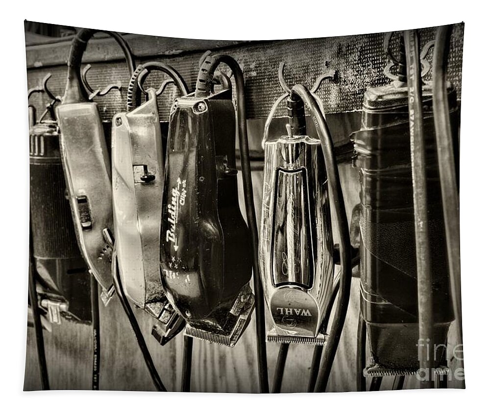 Vintage Barber Tapestry featuring the photograph Barbershop Clippers in black and white by Paul Ward