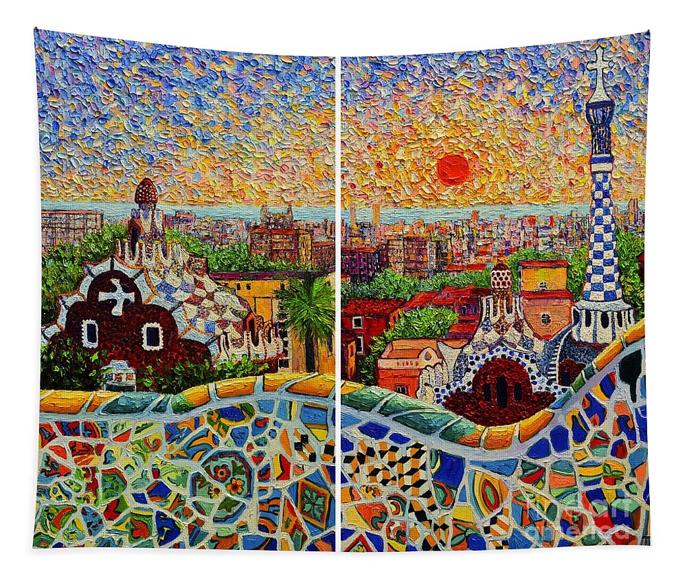 Barcelona Tapestry featuring the painting Barcelona Panorama - Diptych Version by Ana Maria Edulescu