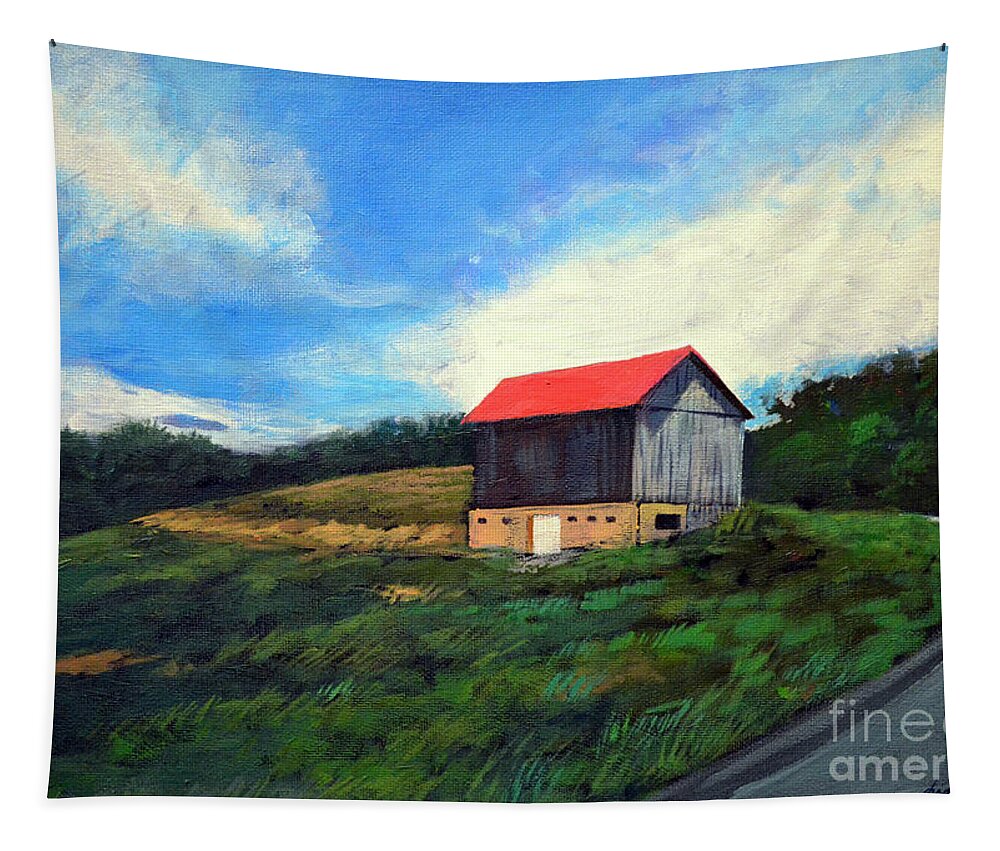 Barn Tapestry featuring the painting Barn around the bend by Christopher Shellhammer