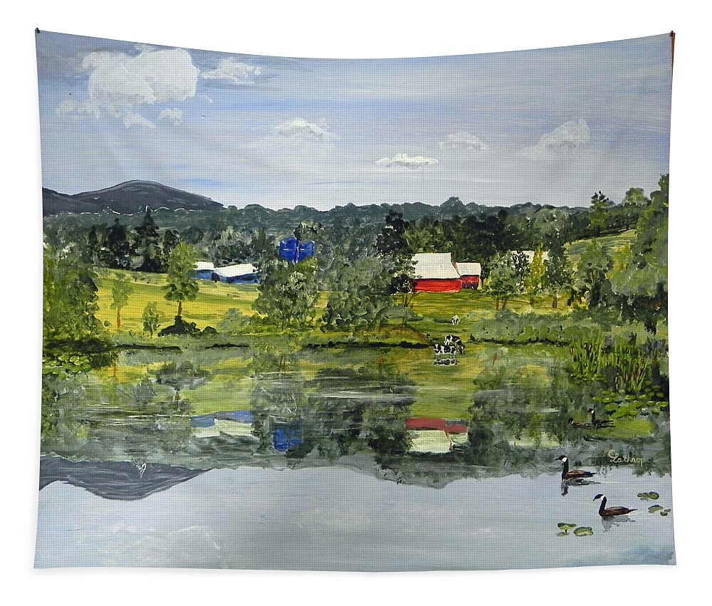 Red Tapestry featuring the painting Barn at Little Elk Lake by Christine Lathrop