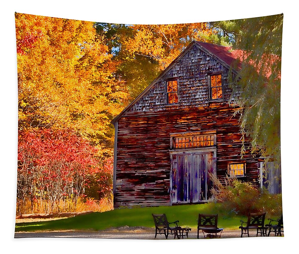 Autumn Foliage New England Tapestry featuring the photograph Barn full of fall color by Jeff Folger