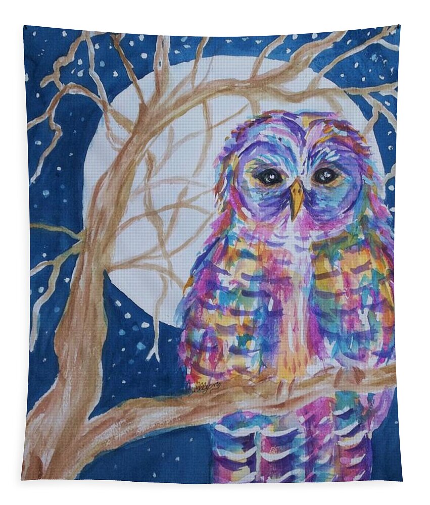 Barred Owl Tapestry featuring the painting Barred Owl - Tie Dyed by Ellen Levinson